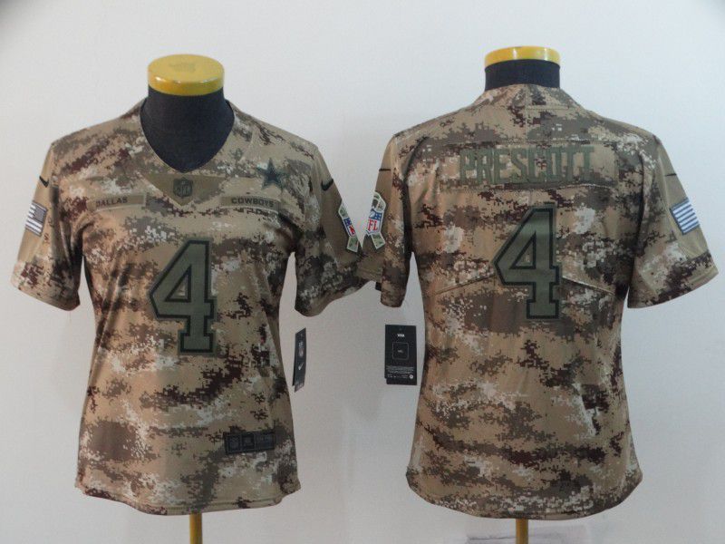 Women Dallas cowboys #4 Prescott Nike Camo Salute to Service Retired Player Limited NFL Jersey
